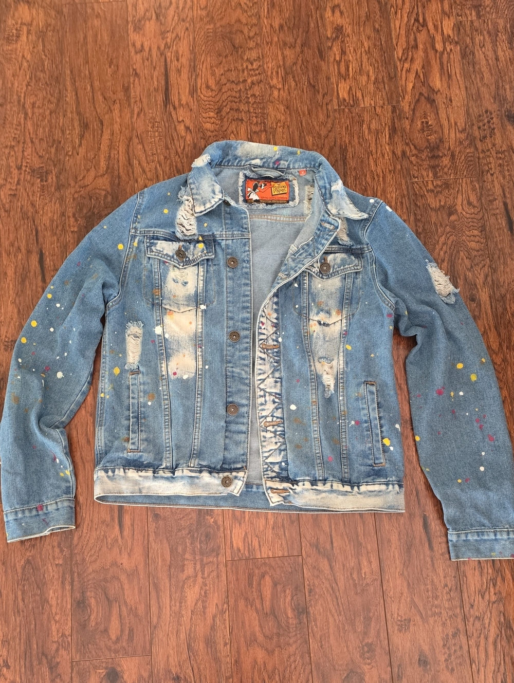 Rolling Paper Company Paint-Splattered Distressed Light Wash Denim Jacket MEDIUM